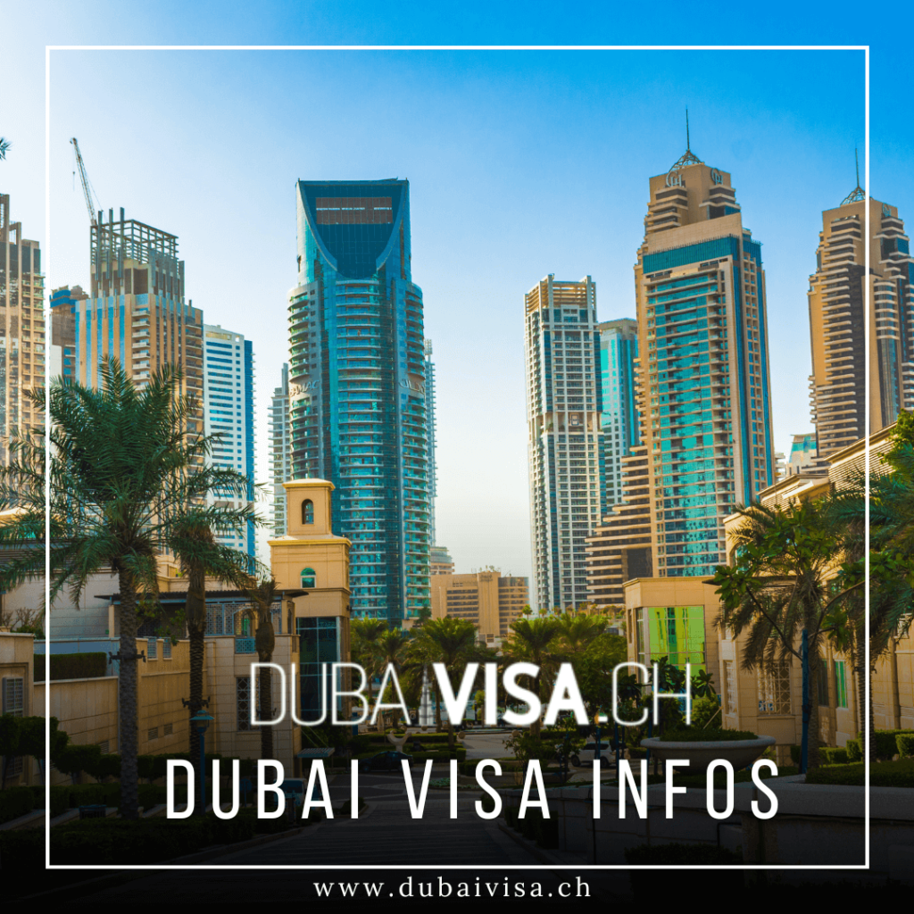 Hochhäuser in Dubai vor blauem Himmel und Palmen davor. Die Laufschrift auf der Grafik zeigt "Dubai Visa Infos" und den Link www.dubaivisa.ch.