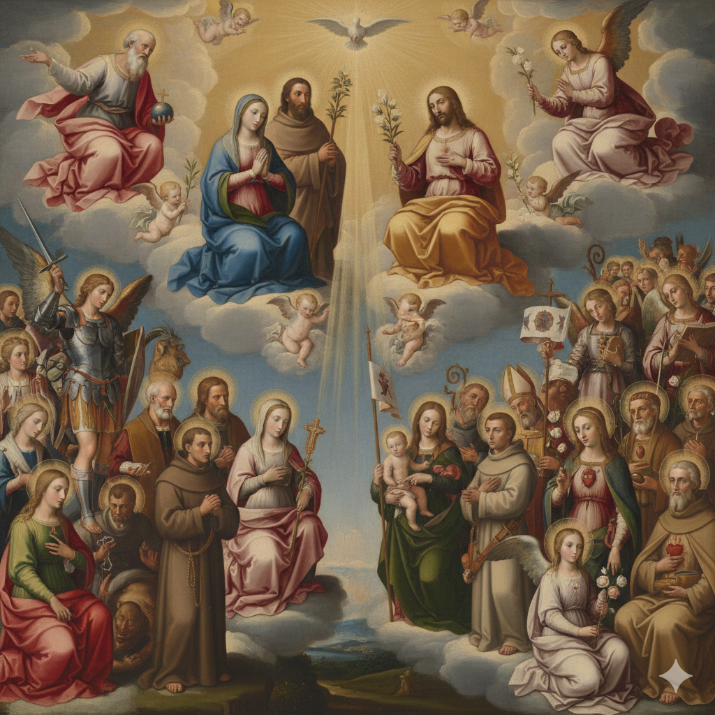 imagen creada con IA de la comuni&oacute;n de los santos en el cielo