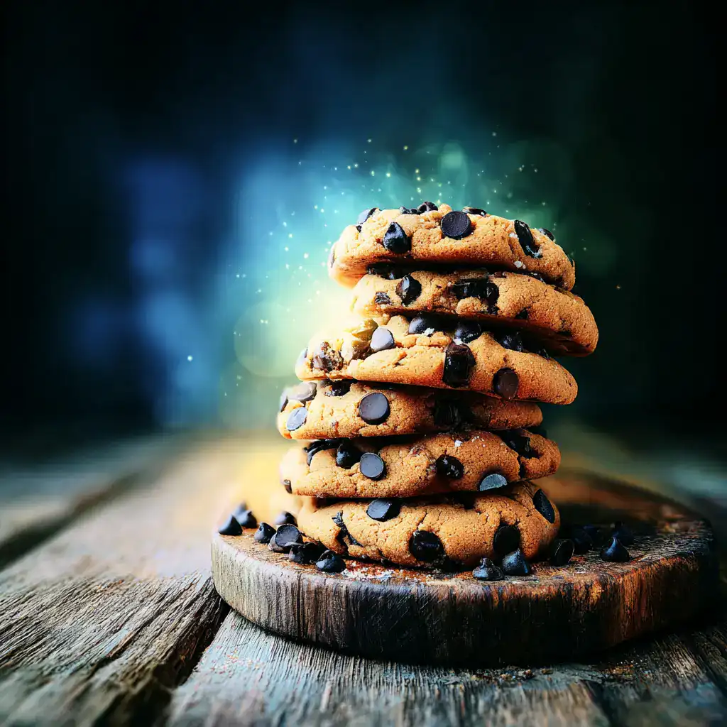 Stack of freshly baked chocolate chip cookies on a rustic plate