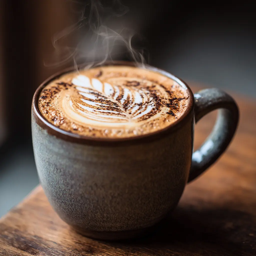 Close-up of a steaming chai latte in a ceramic mug with latte art on top, sitting on a wooden table.