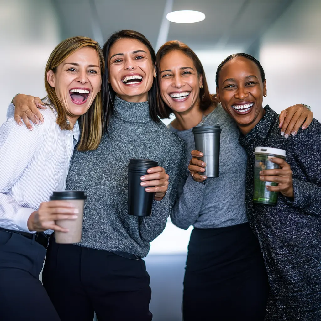 Smiling office workers enjoying coffee together from Great British Beverage office coffee machines