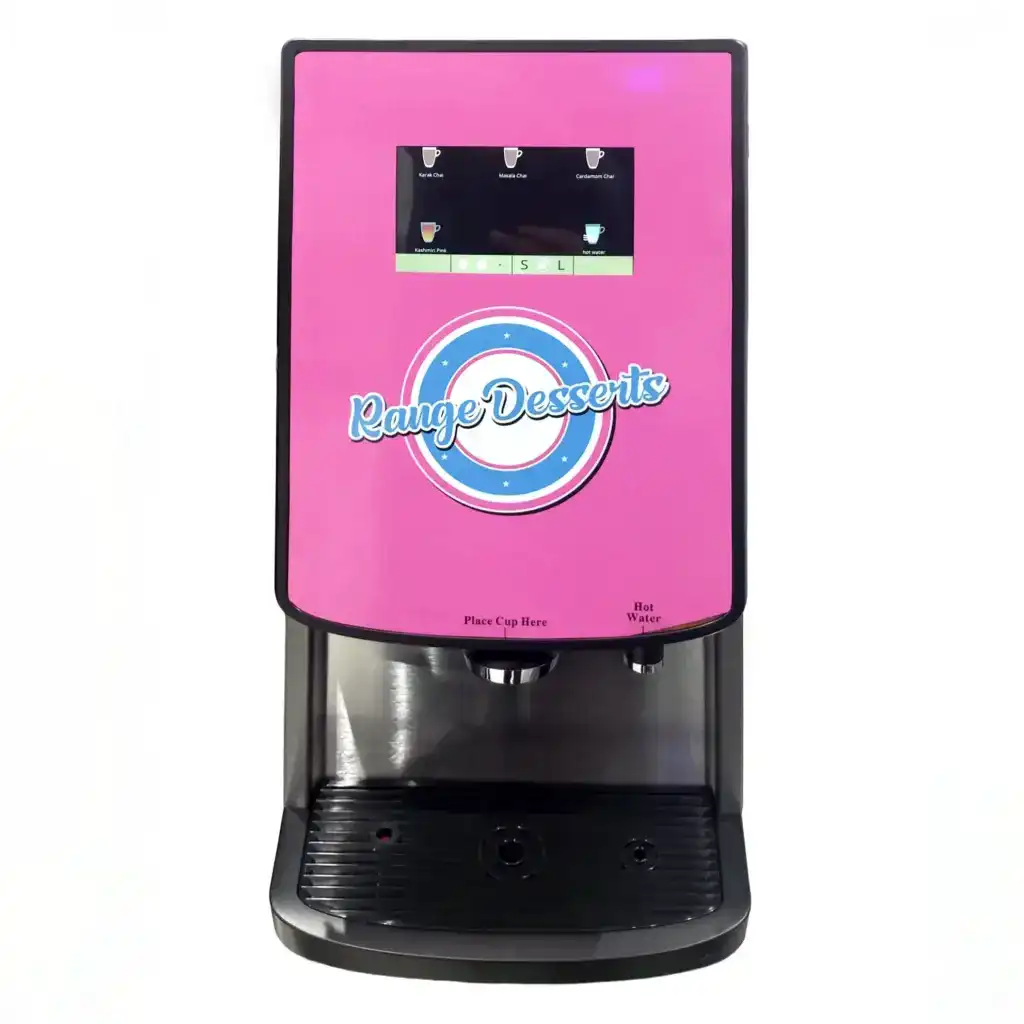 Pink Range Desserts branded chai machine with touch display and cup dispenser