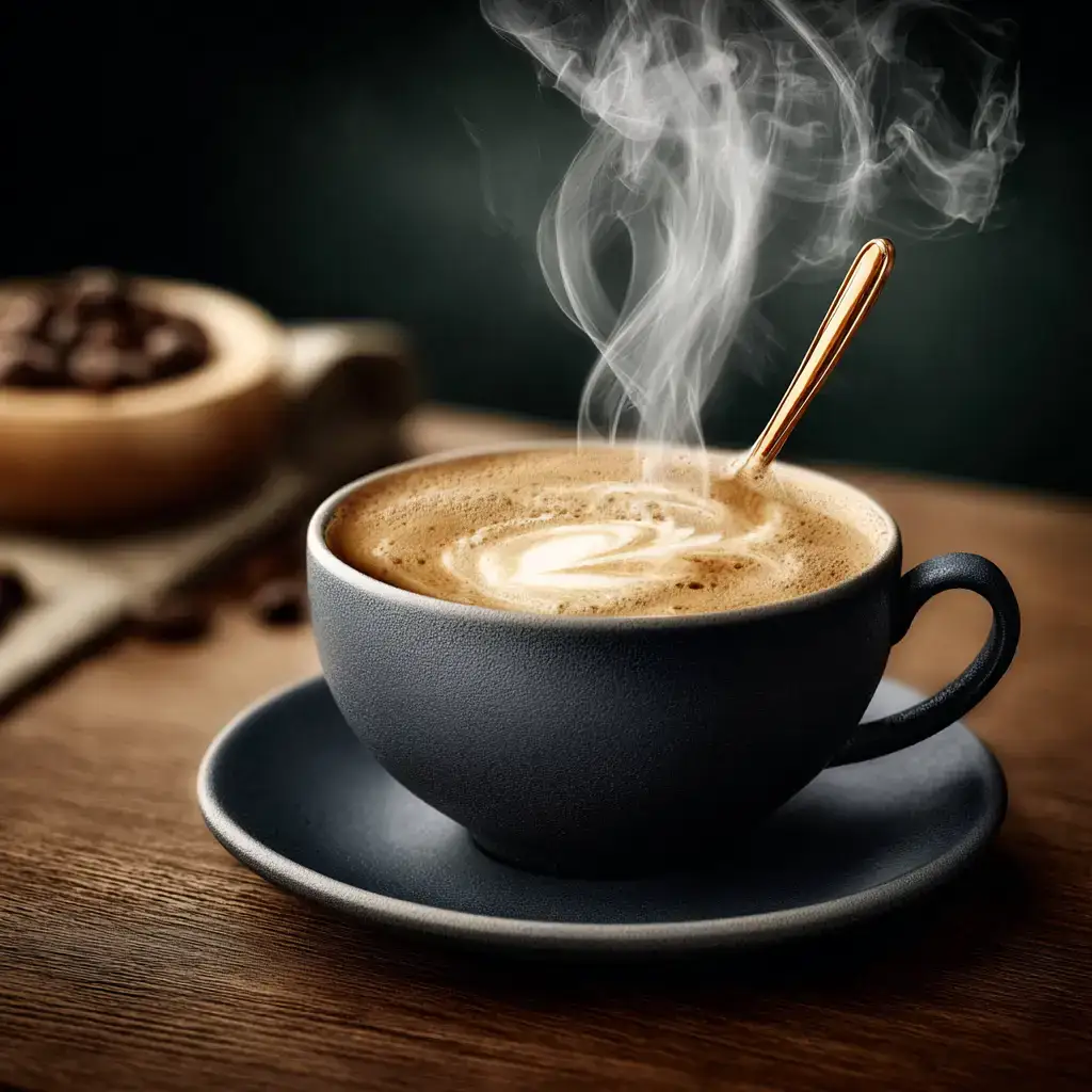 Steaming cappuccino with latte art in a ceramic cup on a wooden table