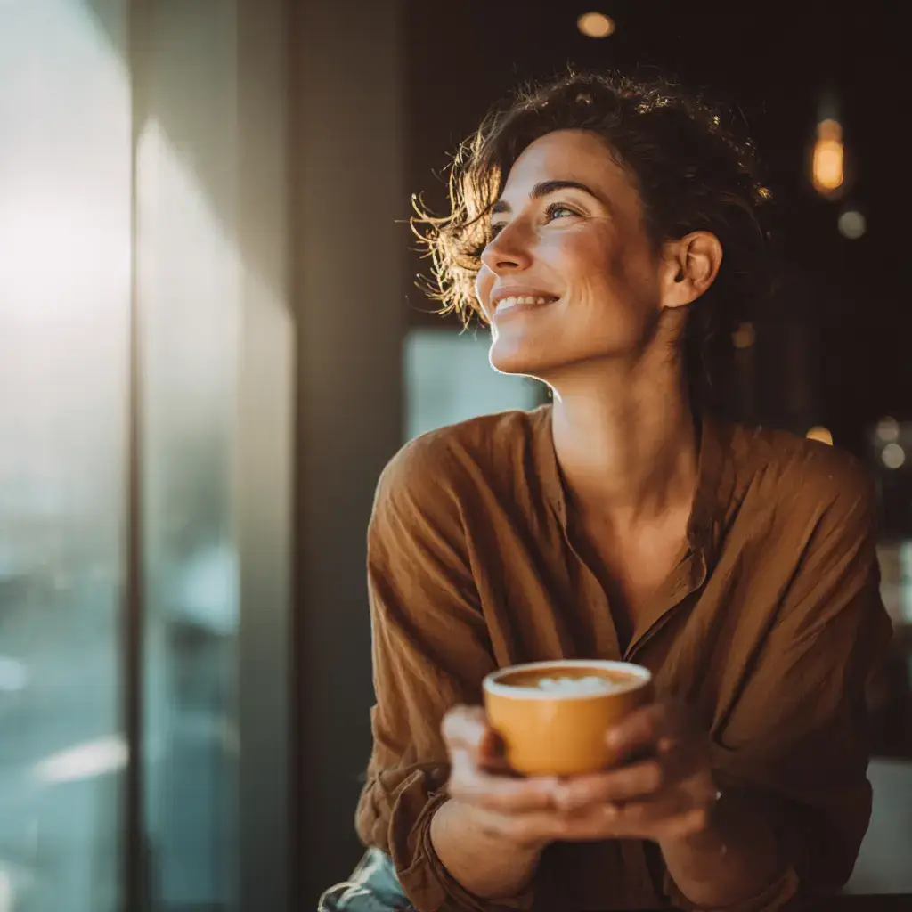A woman smiling while holding a cup of coffee by a café window, bathed in warm sunlight.