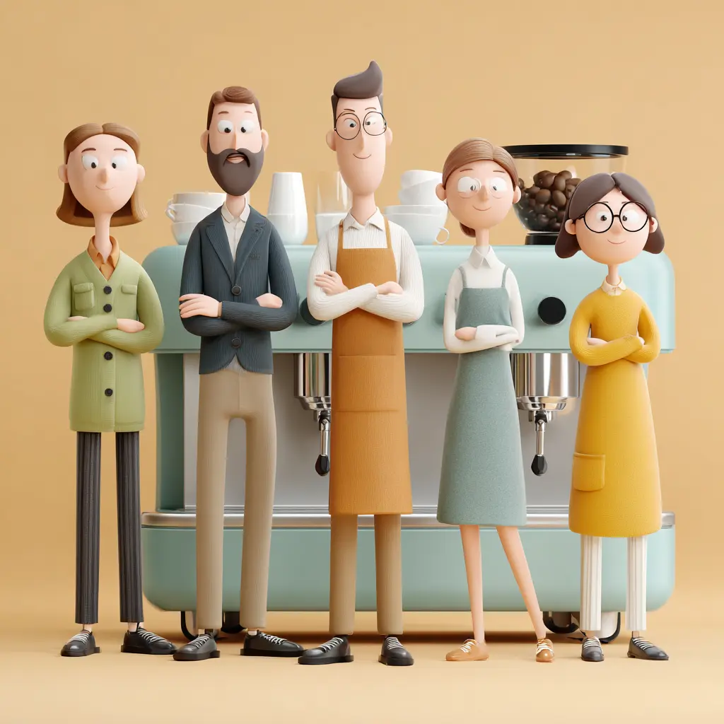 Illustration of a family-run coffee supplier team standing in front of a coffee machine