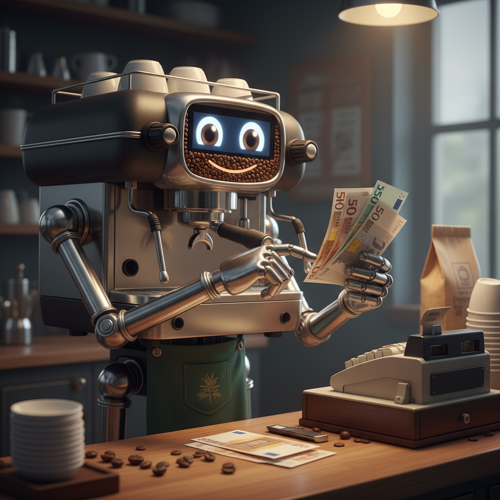 Modern office coffee machine with cup being filled