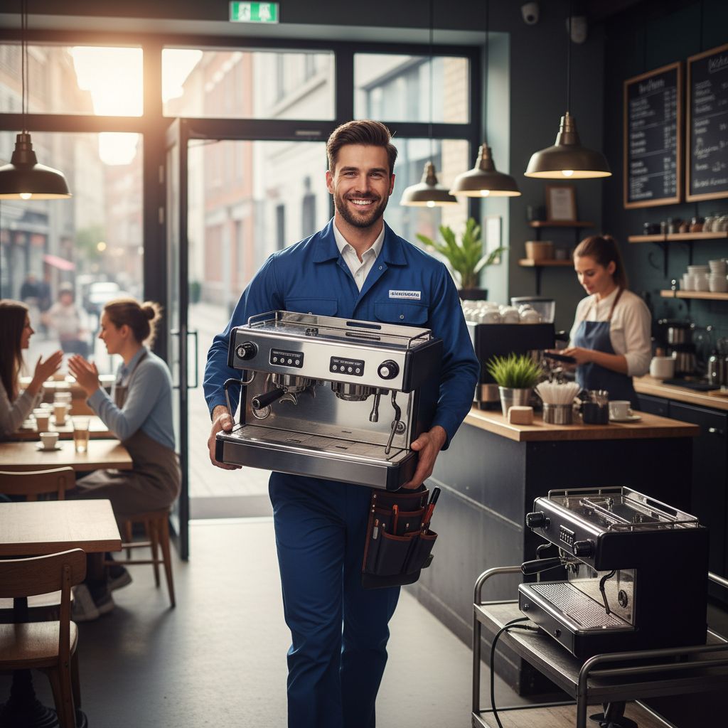 Engineer carrying a commercial coffee machine into a caf&eacute; for a same-day repair service
