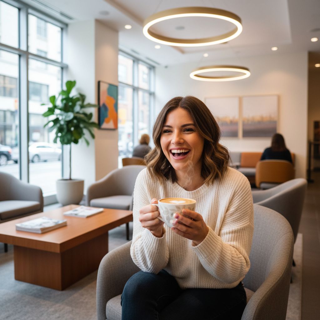 Smiling customer enjoying coffee in waiting area