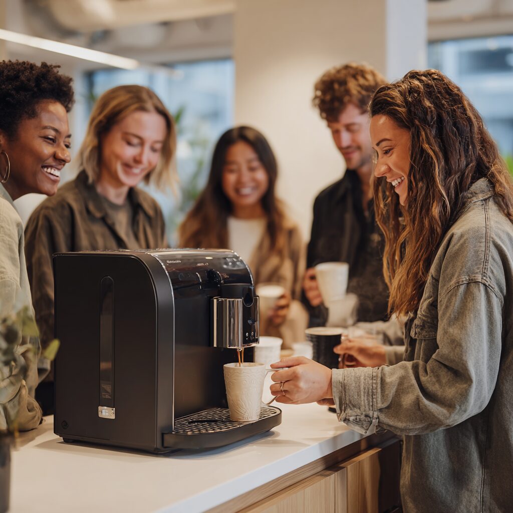 Staff serving professional coffee from free office coffee machine