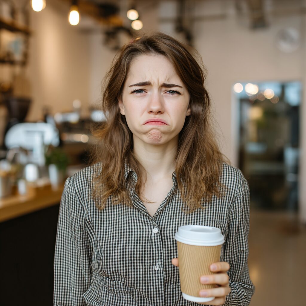 Customer unimpressed with poor-quality coffee in paper cup