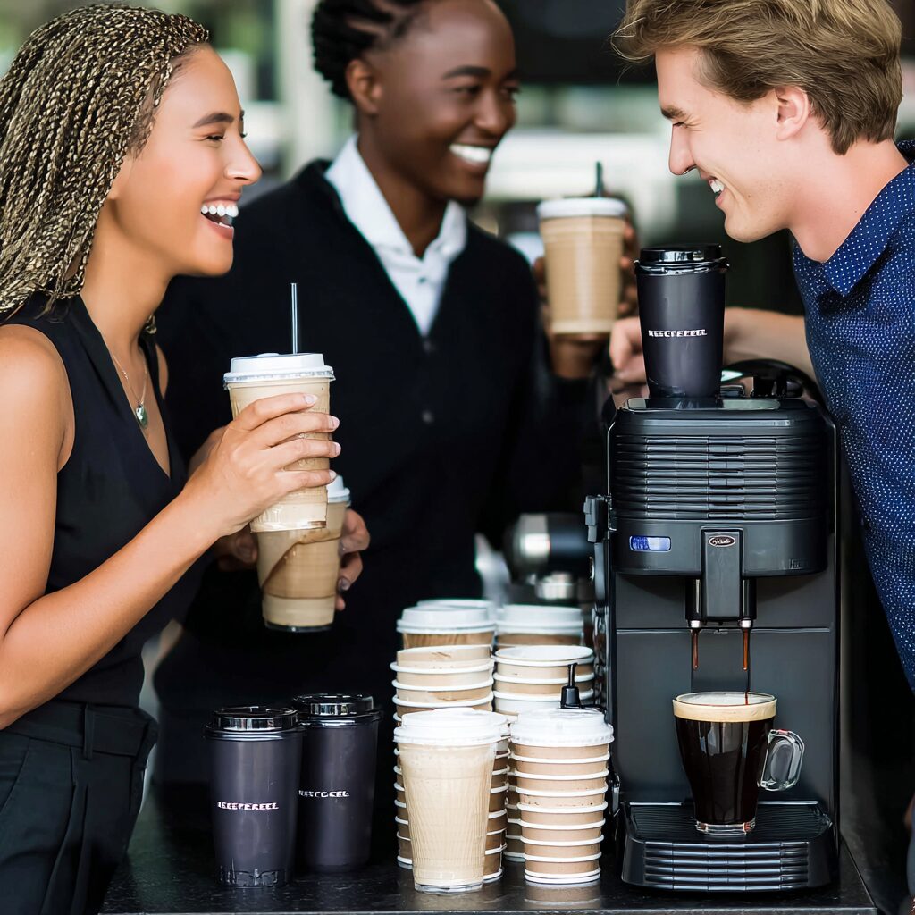 Staff in small business enjoying coffee from modern machine