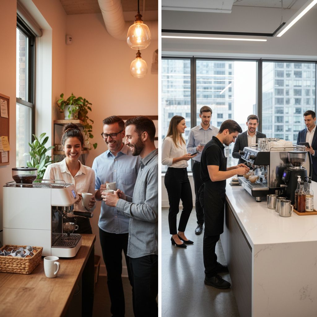 Comparison of small business coffee setup and big company perks