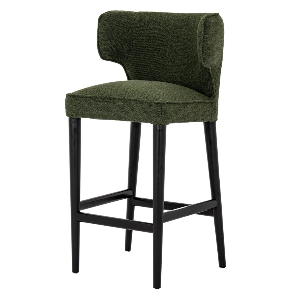 Astley Moss Green Bar Stool with textured green upholstery, curved backrest, black legs and integrated footrest