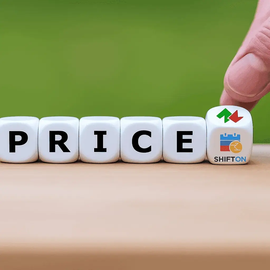 White dice spell PRICE with symbols indicating financial trends, engagement, and market strategy.