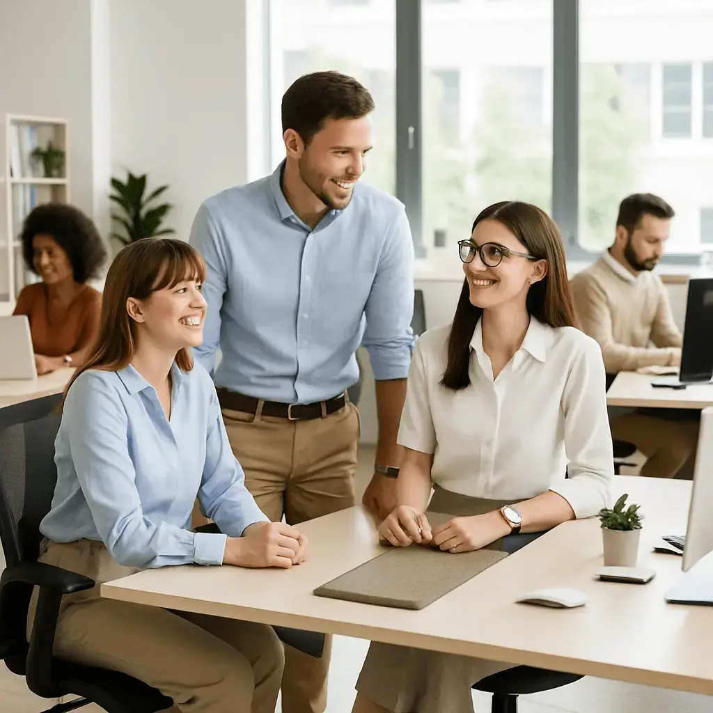 Colleagues smiling and collaborating in modern office