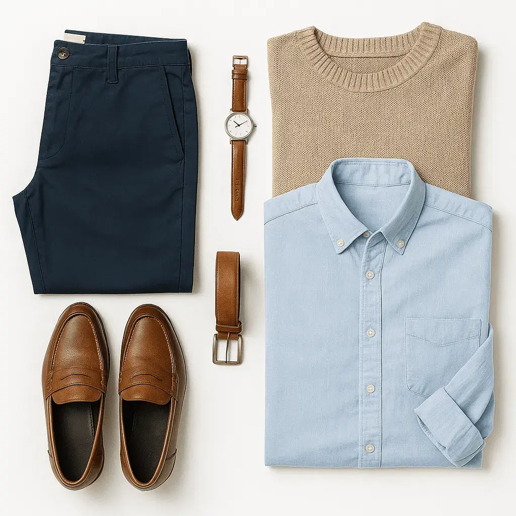 Men's business casual outfit with accessories.