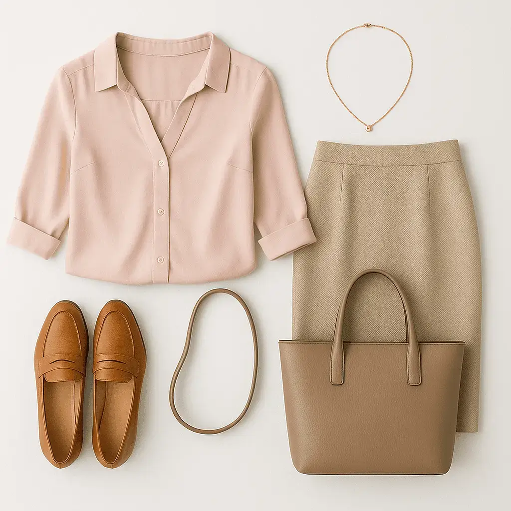 Women's business casual outfit with accessories.