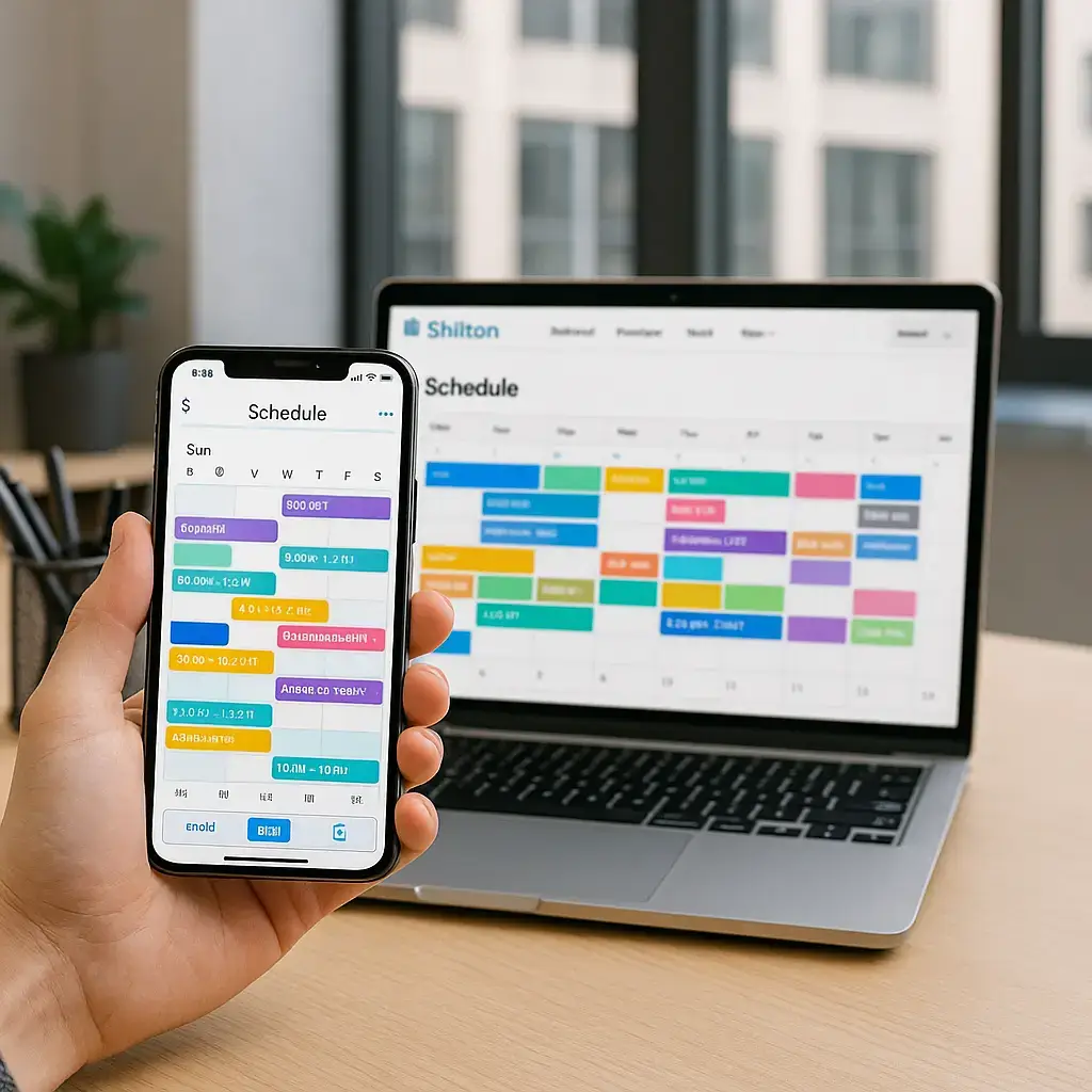 Person using mobile and laptop scheduling apps.