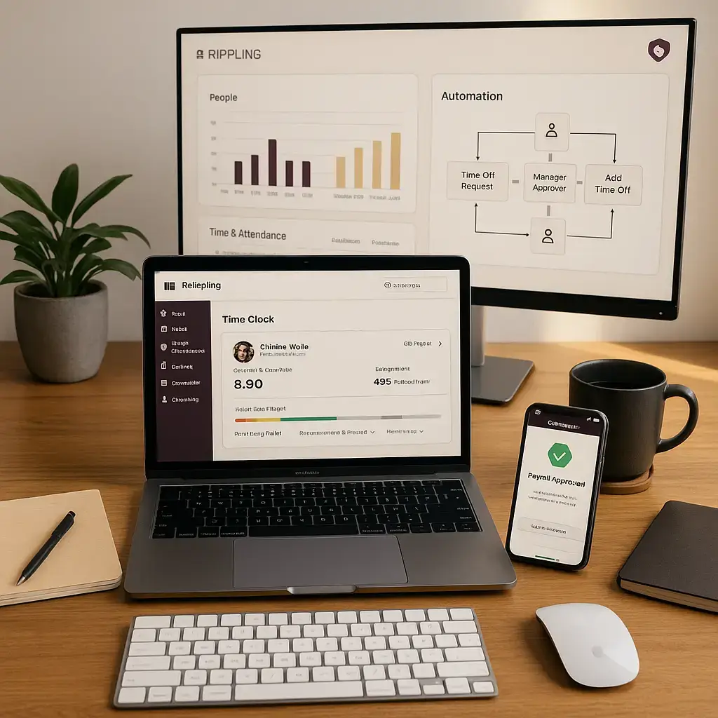 Modern wooden desk with a laptop and external monitor running Rippling—laptop shows an employee time-card, monitor displays analytics charts and an automation workflow; a smartphone on the side reads ‘Payroll Approved’, with keyboard, mouse, notebook, pen, coffee mug, and a small plant completing the tidy workspace