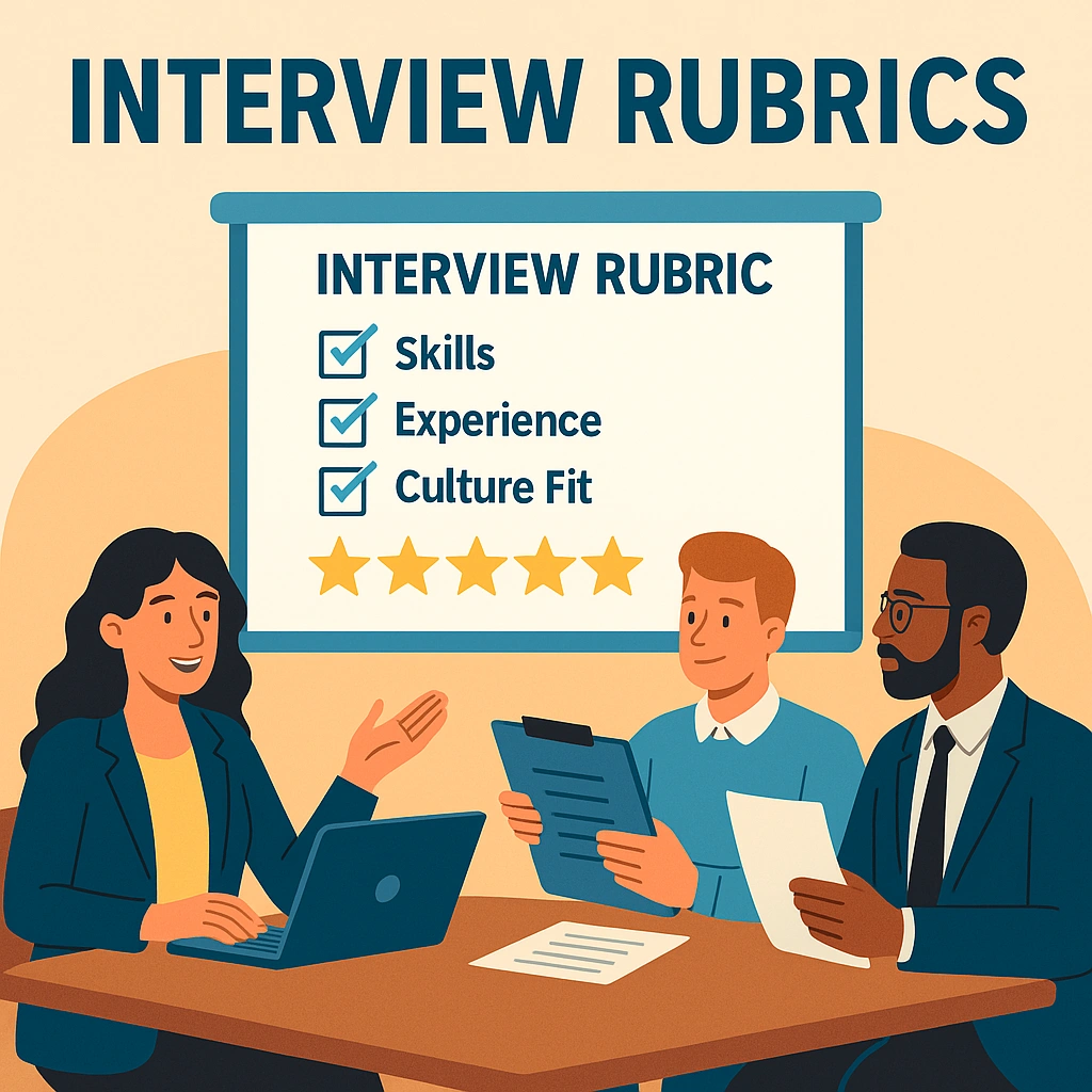 Team reviewing interview rubrics during a structured hiring process in the office