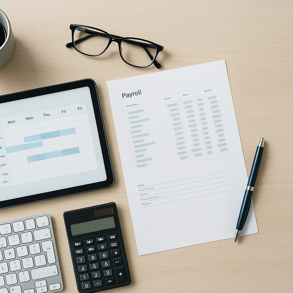 Top-down view of an accountant’s desk: tablet with weekly calendar, blurred payroll sheet, calculator, keyboard, glasses, and pen — roster scheduling and payroll automation.