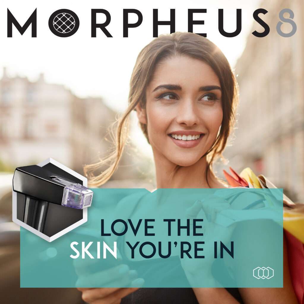 A smiling woman with an advertisement for Morpheus8 skincare technology in Boise, featuring the slogan "Love the skin you're in.