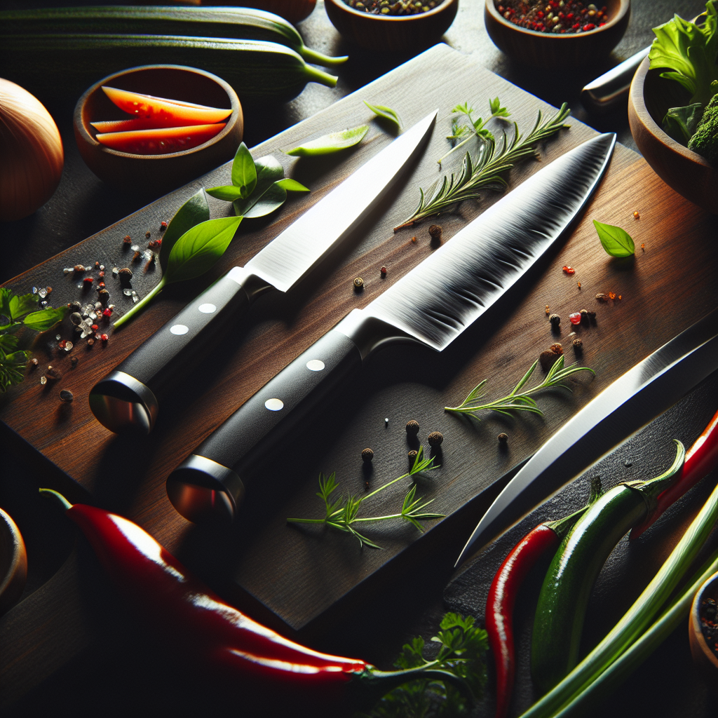 Array of Babish knife review on wooden board surrounded by herbs and vegetables.