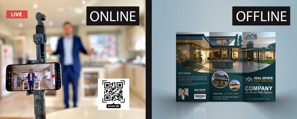 online and offline real estate marketing - Vidibar An image showcasing online real estate marketing vs offline real estate marketing.