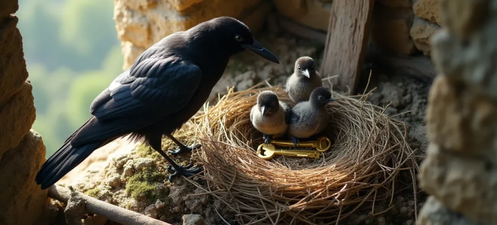 Rico findet Freude und Erfüllung im Erschaffen von neuen Nestern Rabe Rico steht in einer erhöhten Mauernische eines alten Steingemäuers neben einem Nest. Im Nest sitzen drei junge Vögel und unter ihnen liegt ein goldener Schlüssel.