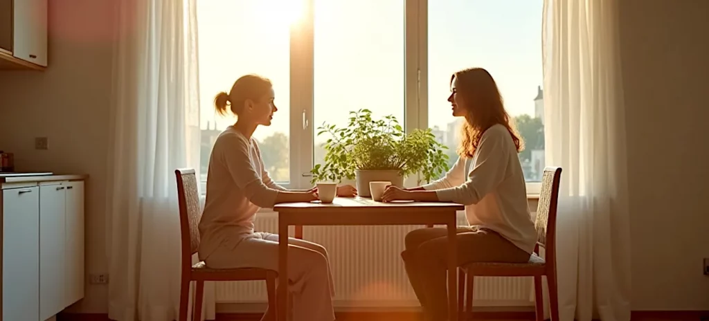 Zwei Frauen sitzen sich an einem Tisch in einer hellen Wohnung gegenüber, Sonnenlicht fällt durch das große Fenster, eine grüne Pflanze steht zwischen ihnen. Die Szene wirkt ruhig, warm und nachdenklich.