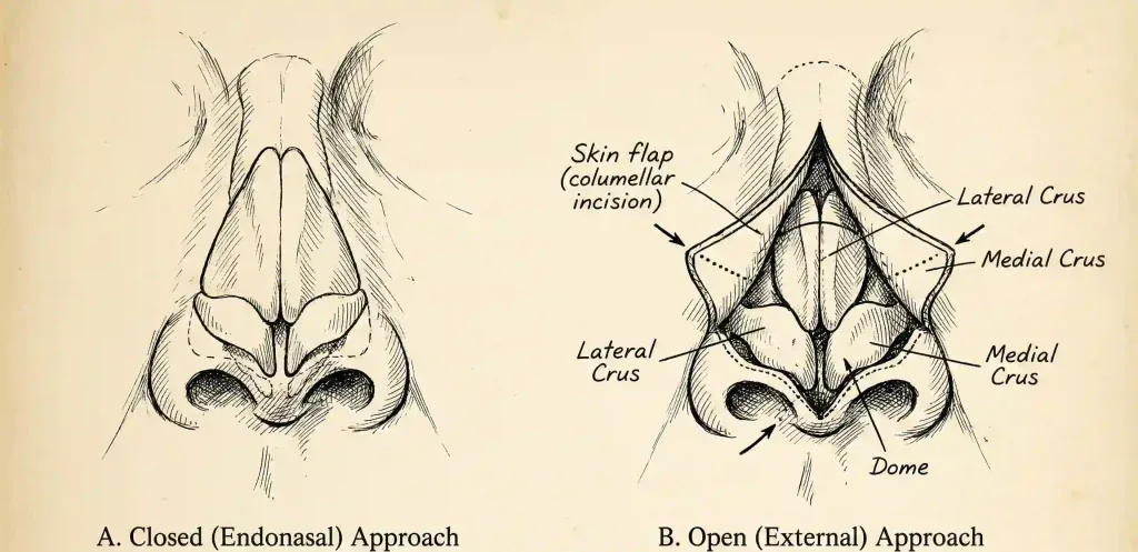 vintage anatomical sketch open vs closed rhinoplasty