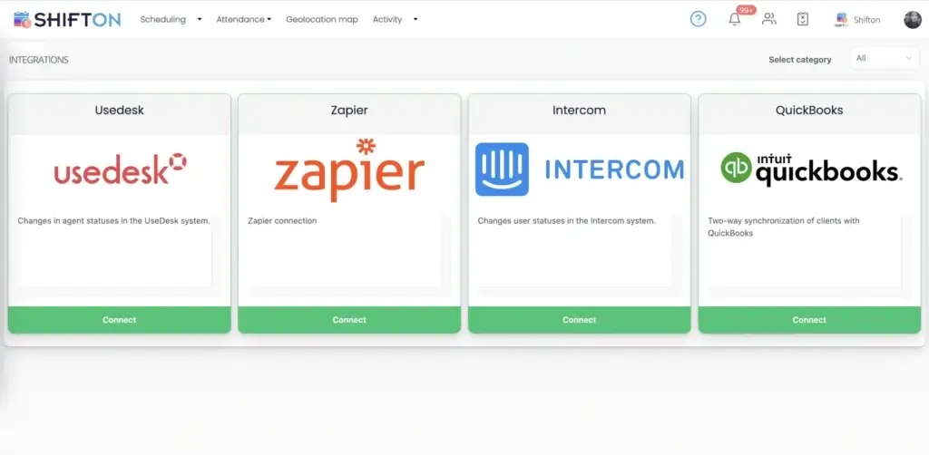 Easily connect Usedesk, Zapier, Intercom, and QuickBooks with Shifttons user-friendly interface.