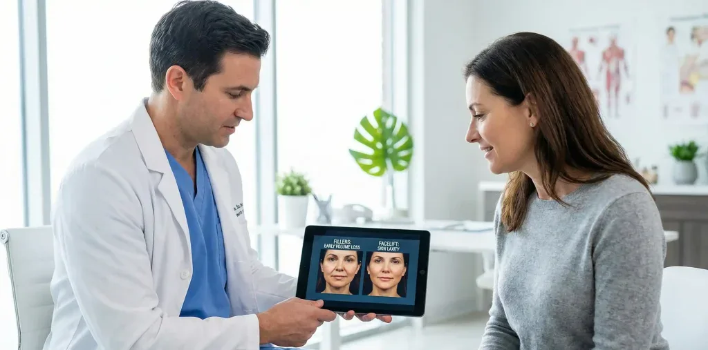 Chirurgenberatung: Facelift vs. Filler in Tab-Demo