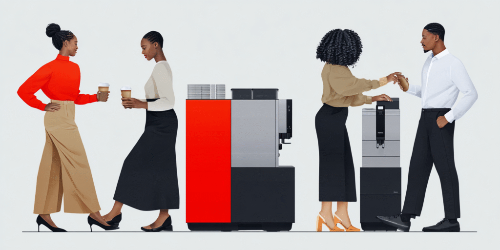 Office Coffee Machine Team Break Small office team enjoying coffee together around a coffee machine