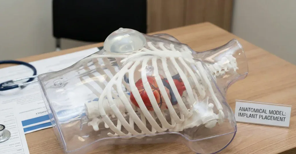 anatomisches Rumpfmodell, das die Rippenbarriere zwischen Herz und Implantat zeigt