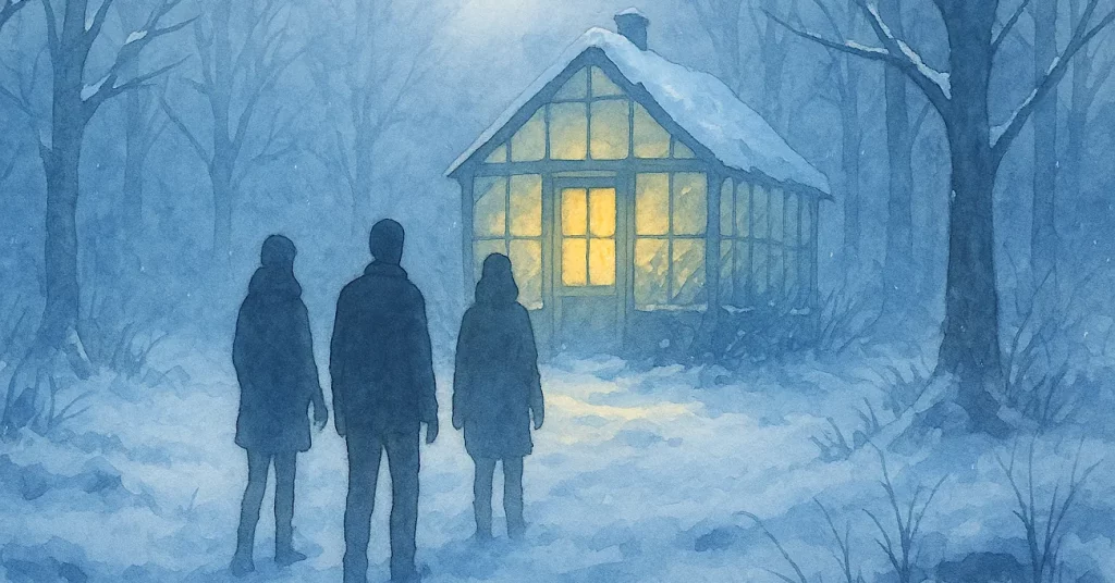 Aquarellbild einer verschneiten Waldszene bei Dämmerung, in der drei Personen auf ein warm leuchtendes Gewächshaus im Hintergrund zugehen. Ein Symbol für Hoffnung in dunkler Jahreszeit.