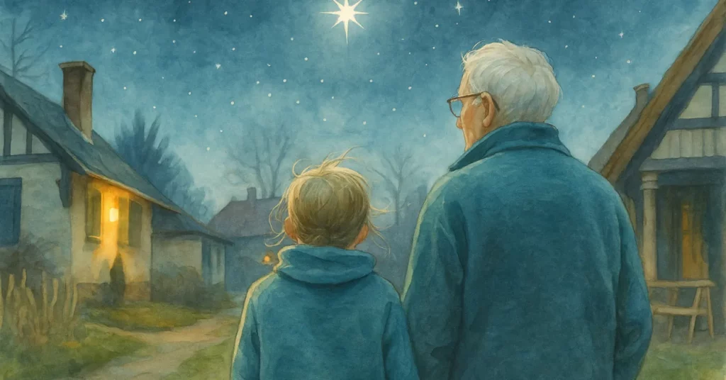 Der gefallene Weihnachtsstern – Eine inspirierende Weihnachtsgeschichte über Hoffnung und Nächstenliebe Ein alter Uhrmacher und ein kleines Mädchen stehen unter einem klaren Sternenhimmel, während der Weihnachtsstern in der Weihnachtsgeschichte als Symbol der Hoffnung erstrahlt.