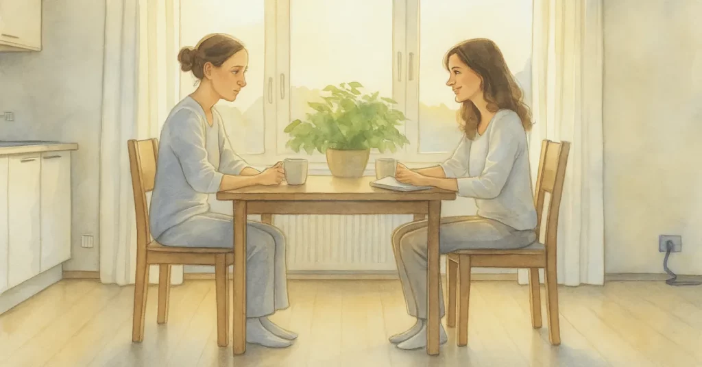 Neustart: Geschichte der Nachbarinnen Zwei Frauen sitzen sich an einem Tisch in einer hellen Wohnung gegenüber, Sonnenlicht fällt durch das große Fenster, eine grüne Pflanze steht zwischen ihnen. Die Szene wirkt ruhig, warm und nachdenklich.