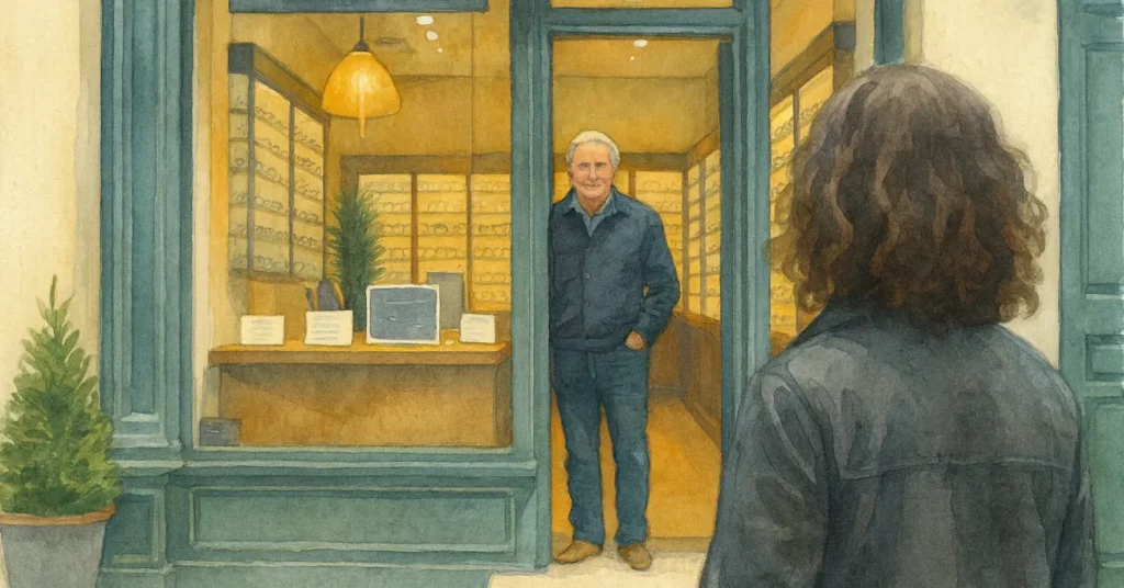 Frau mit braunen Locken steht von hinten vor einem Brillengeschäft und schaut ins Schaufenster. Sie fragt sich: Was ist Realität?