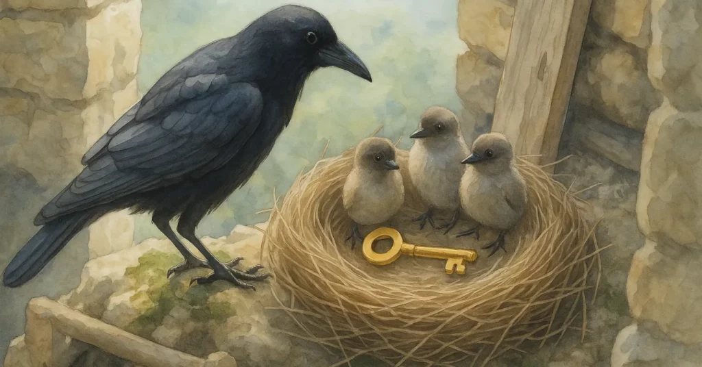 Rico findet Freude und Erfüllung im Erschaffen von neuen Nestern Ein Rabe schaut in einem alten Gemäuer auf sein Nest mit drei jungen Raben hinab, in dem auch ein goldener Schlüssel liegt.