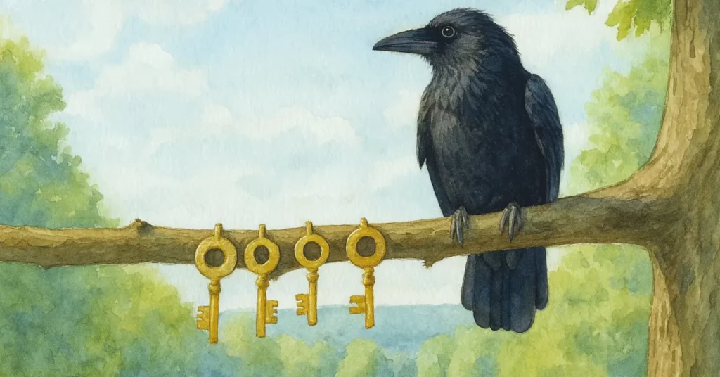 Vier Schlüssel: Geschichte zum Nachdenken für Erwachsene über den Sinn des Lebens Ein schwarzer Rabe sitzt in einer Aquarellzeichnung auf dem Ast eines Baumes. Neben im am Ast hängen vier goldene Schlüssel – ein Sinnbild für die Suche nach dem Sinn des Leben.s