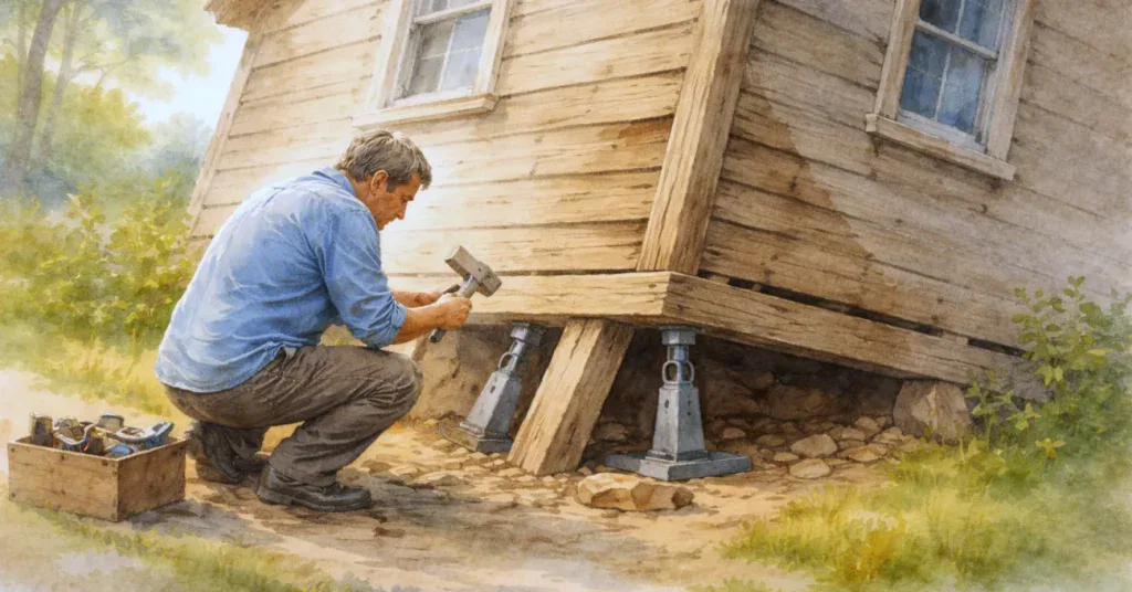 Aquarellbild eines schief stehenden Holzhauses in einer hellen, natürlichen Umgebung, während ein Mann am Fundament arbeitet. Ein Symbol dafür, wie negative Glaubenssätze unser inneres Fundament prägen und verändert werden können.