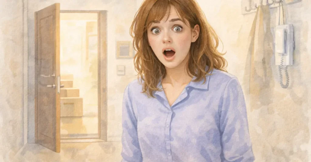 Aquarellbild einer Frau, die im hellen Hausflur steht und überrascht wirkt, ihr Gesichtsausdruck und ihre Körperhaltung deuten auf das Erkennen von Denkfallen und Selbsttäuschung hin, die Szene ist ruhig, reduziert und freundlich gehalten.