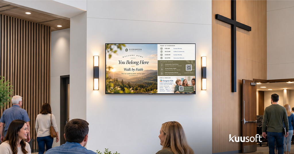 digital signage for churches welcome screen in church lobby displaying service schedule