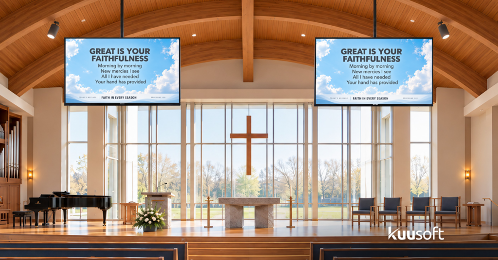 church digital signage in sanctuary showing worship content