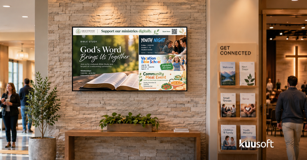 church digital signage promoting upcoming events and volunteer opportunities