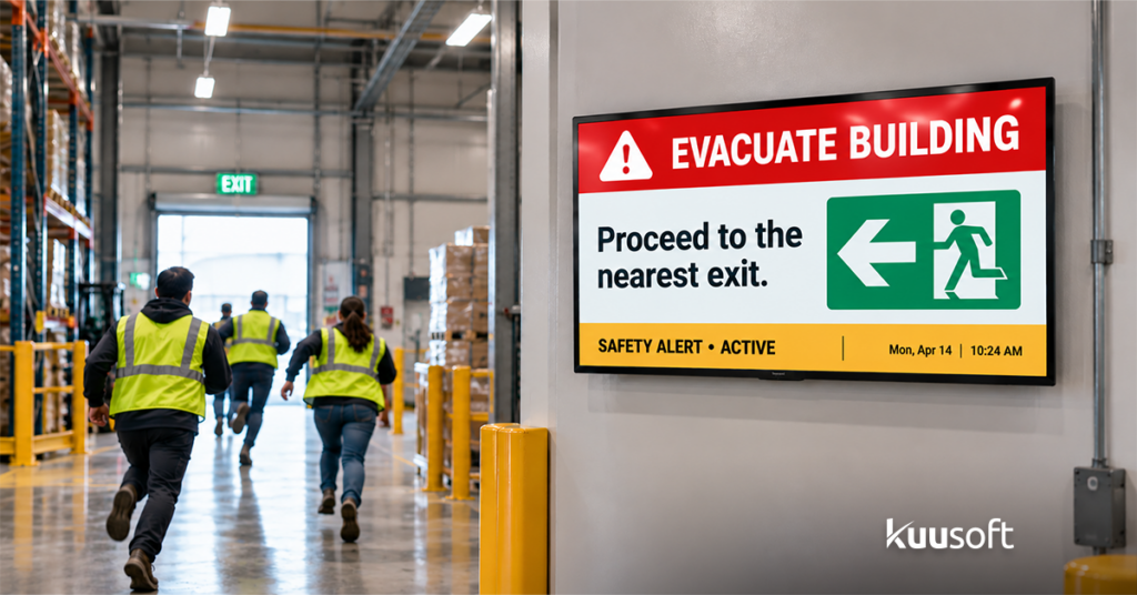 Emergency override sending a critical safety alert to digital signs across a manufacturing facility