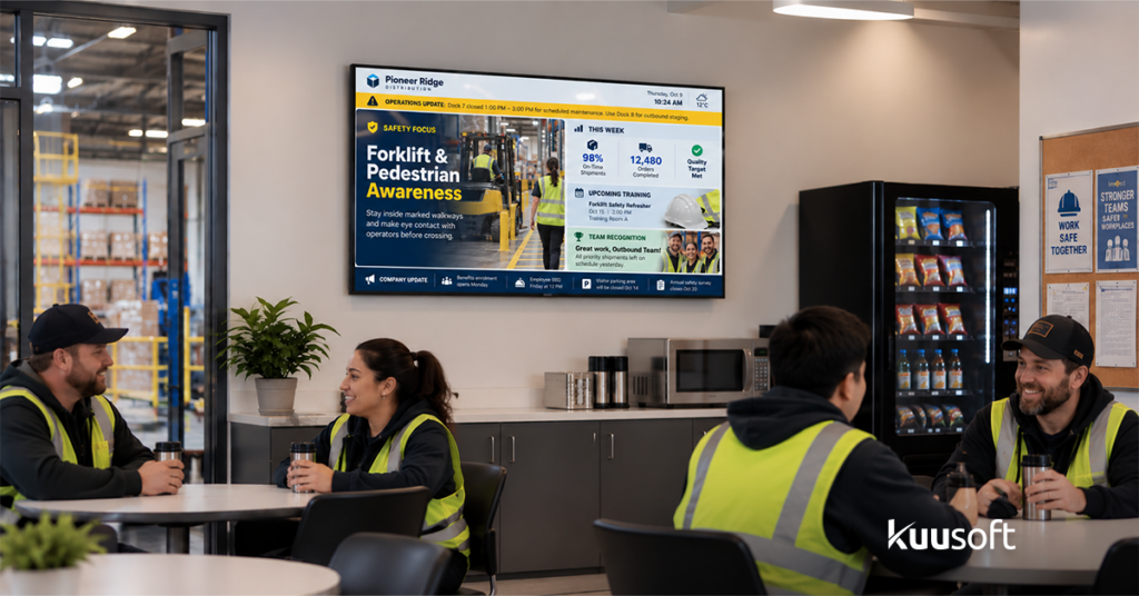 Employee break room digital signage displaying shift updates safety reminders and team recognition