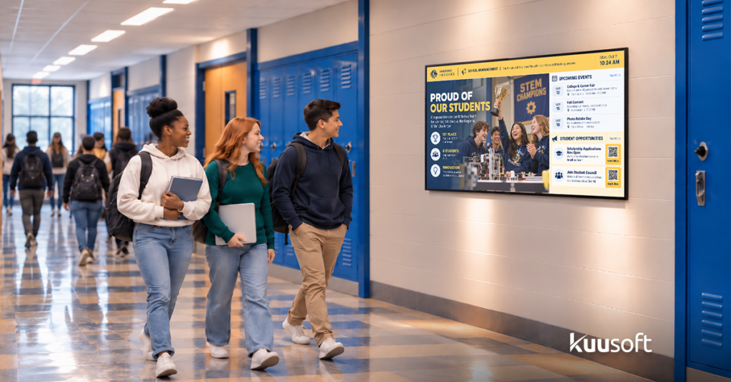 school hallway digital signage displaying daily announcements and events