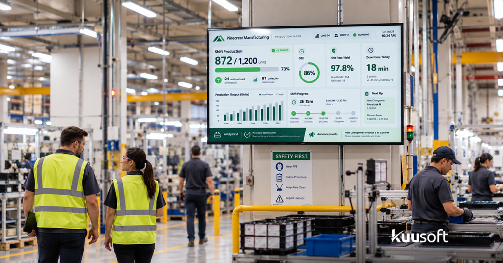 Manufacturing line dashboard displaying production targets output and equipment status
